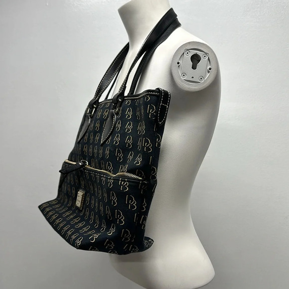 Dooney & Bourke Purse Tote Shoulder Bag Monogram D&B Canvas Black Navy Blue Tan - Picture 3 of 11